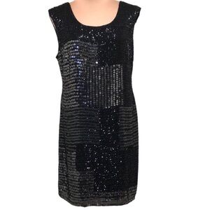 Adrianna Papell Cocktail Dress Size 14 Black Patchwork Sequin Beaded Flapper